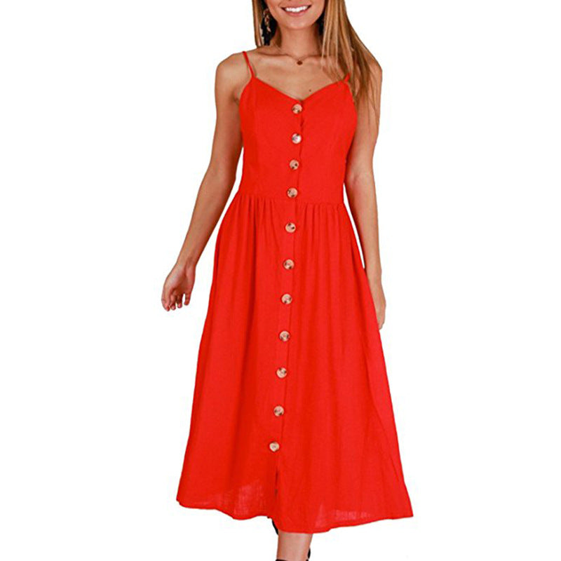 Solid Color Spaghetti Straps Buttons Women A-line Tee-length Dress