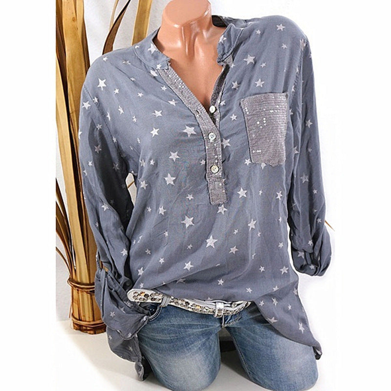 Stars Print V-neck Loose Blouse with Plus Size