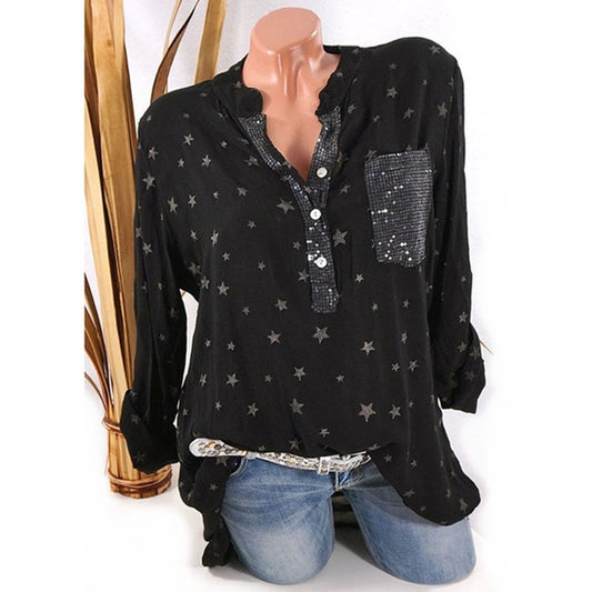 Stars Print V-neck Loose Blouse with Plus Size