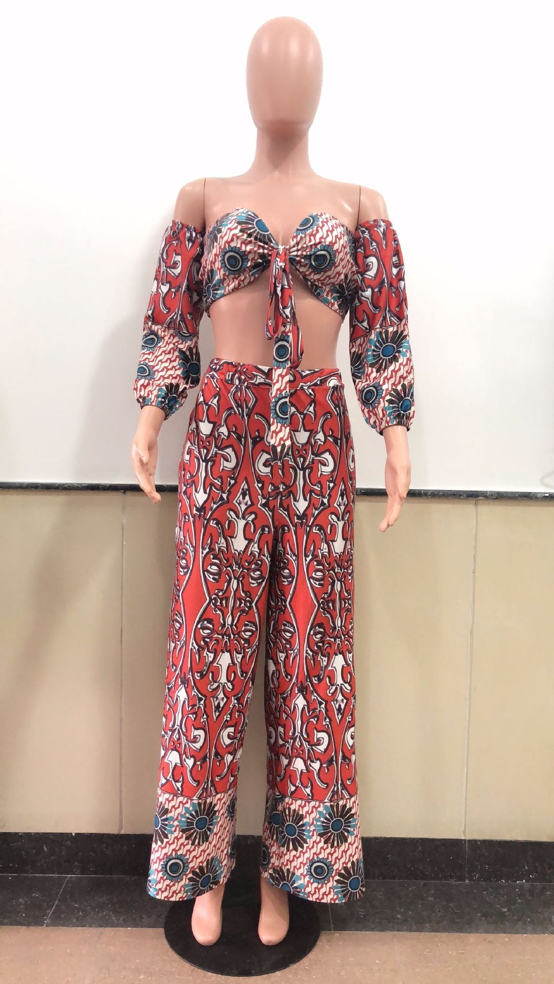 Bow Flower Print Strapless Long Sleeves Cami Top with High Waist Long Wide-leg Pants Two Pieces Set