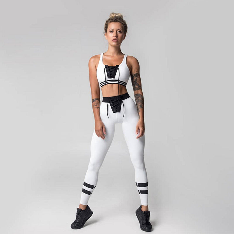 Patchwork Straps Cami Top with High Waist Skinny Long Pants Two Pieces Sports Set