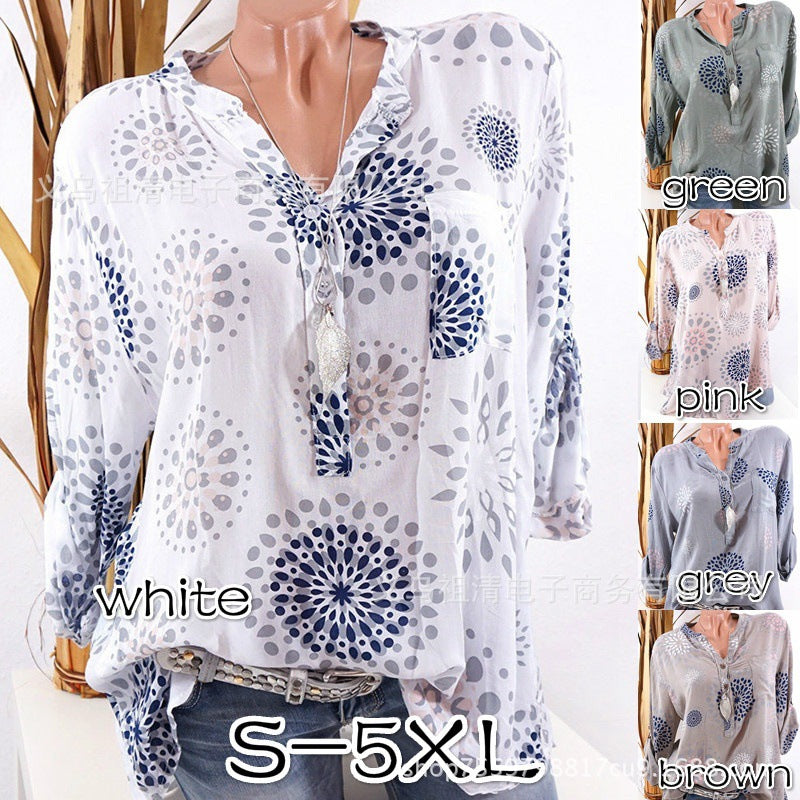 V-neck Print Long Sleeves Loose Blouse with Plus Size