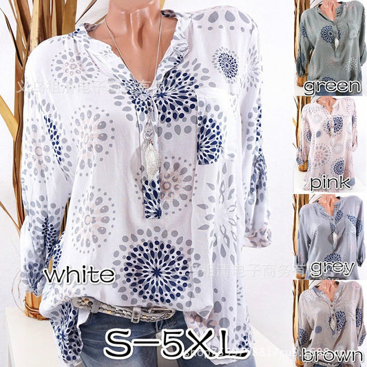 V-neck Print Long Sleeves Loose Blouse with Plus Size