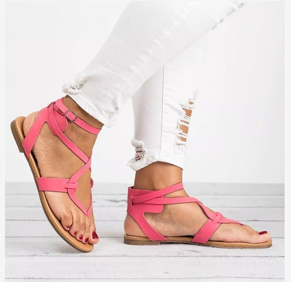 Pure Color Straps Thong Ankle Strap Women Flat Beach Sandals