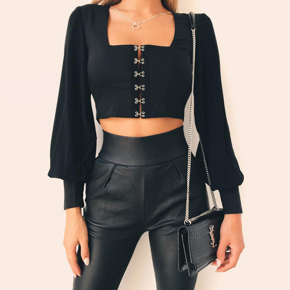 Strap Wrap Square Pure Color Long Lantern Sleeves Crop Top