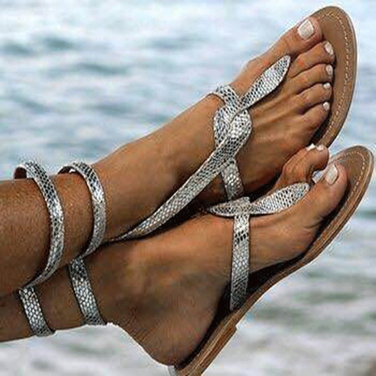 Serpentine Thong Pure Color Flat PU Ankle Strap Women Beach Sandals with Plus Size