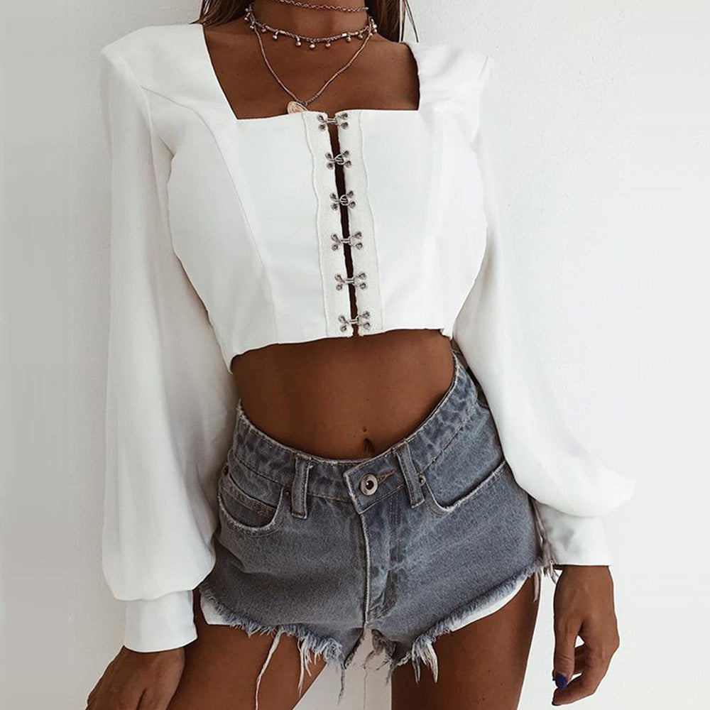 Strap Wrap Square Pure Color Long Lantern Sleeves Crop Top
