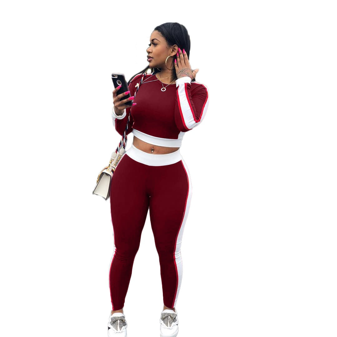 Color Block Crop Top with High Waist Long Skinny Pants Women Two Pieces Sports Set