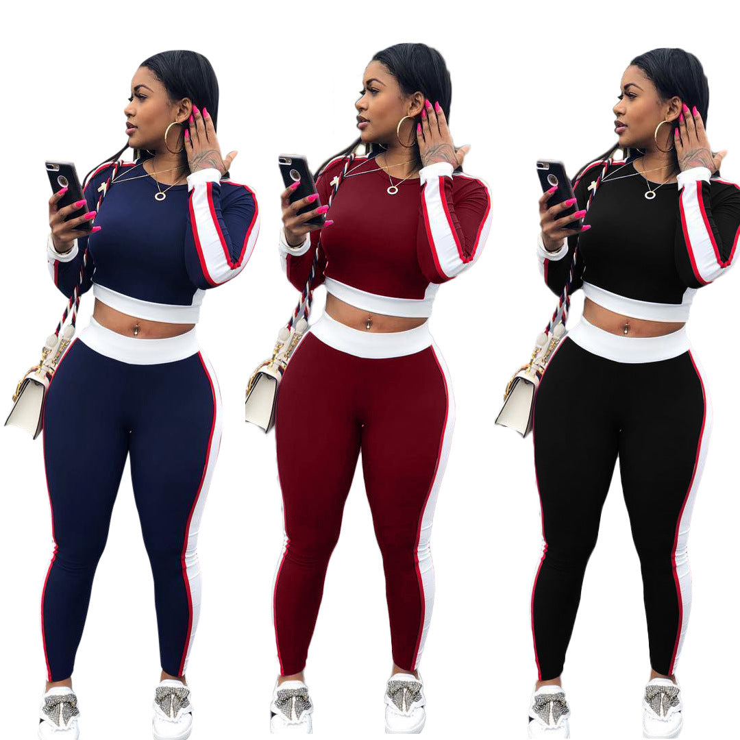 Color Block Crop Top with High Waist Long Skinny Pants Women Two Pieces Sports Set