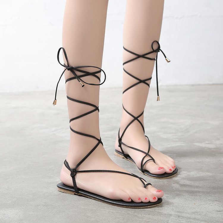 Simple Straps Thong Lace Up Women Flat Beach Sandals