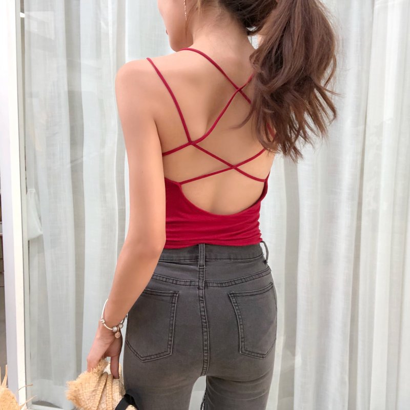 Backless Spaghetti Strap Pure Color Sleeveless Short Tank Camicose Crop Top