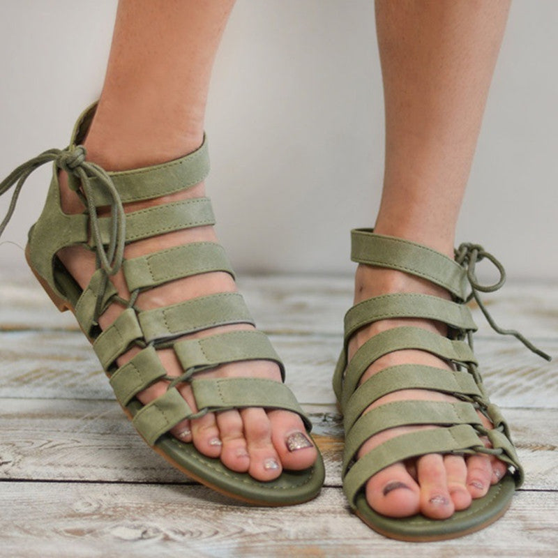 Lace-up Straps Pure Color Open-toe Women Flat Sandals with Plus Size