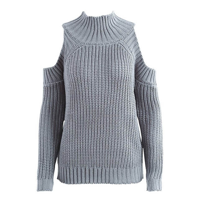 Cold Shoulder Knitted Soild Sweater