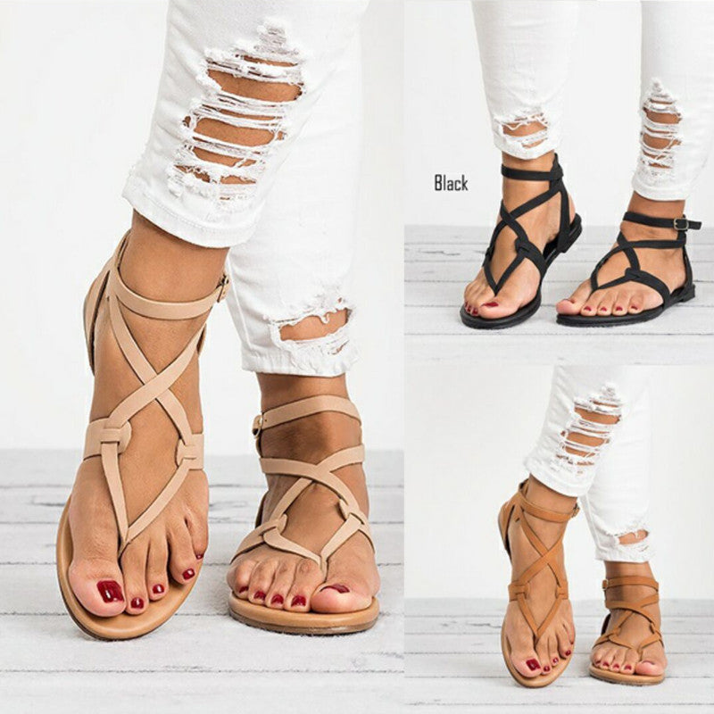 Pure Color Straps Thong Ankle Strap Women Flat Beach Sandals