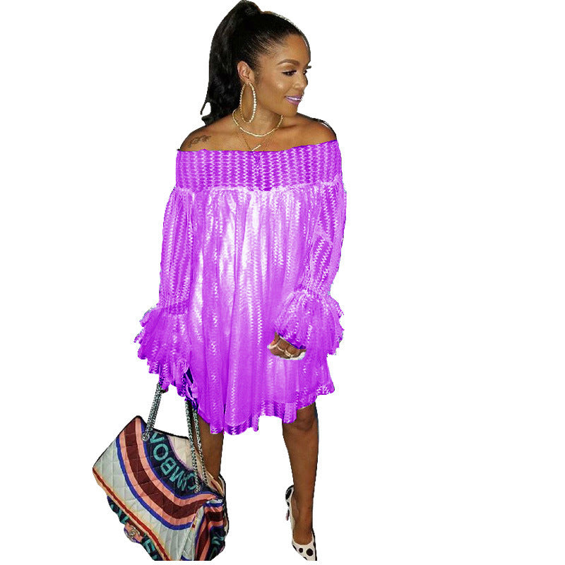 Off the Shoulder Long Trumpet Sleeves Candy Color Women Loose Short Lace Dress
