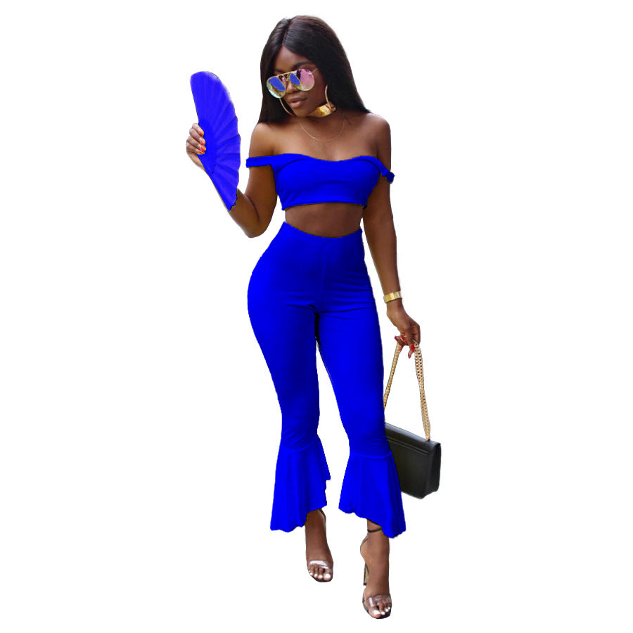 Candy Color Off Shoulder Crop Top with High Waist 7/10 Trumpet Pants Two Pieces Outfit