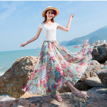 Big Hemline High Waist Floral Print Loose Long Chiffon Beach Skirt