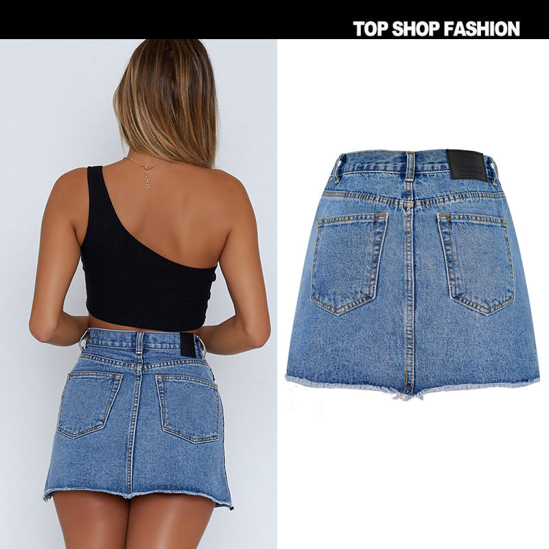 Zipper Packets High Waist Pure Color Slim Short Denim Skirt
