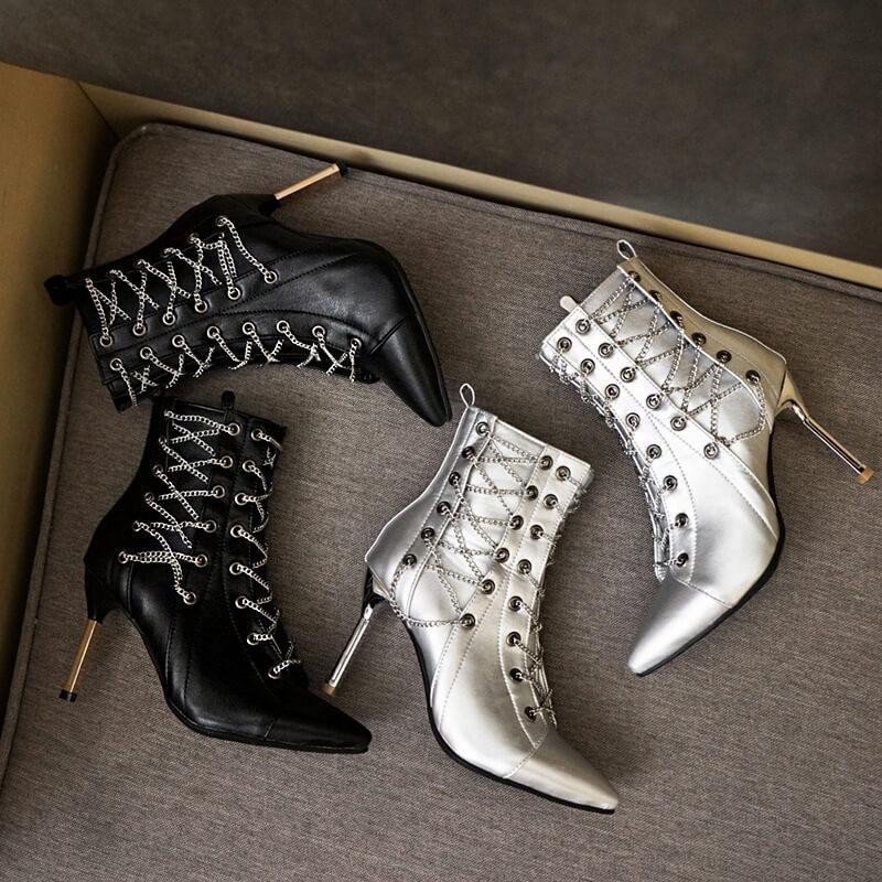 Casual Leather Strap Pointed Toe High Heel Boots