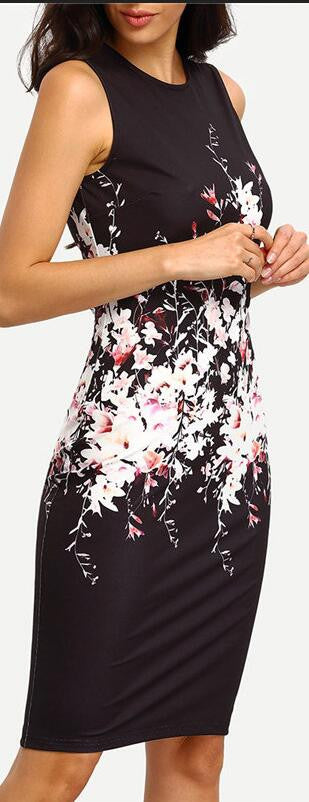 Black Sleeveless Floral Print Bodycon Knee-Length Dress