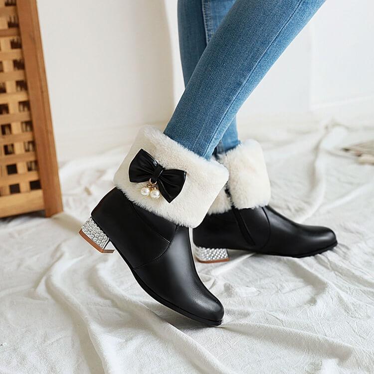 Bow Rhinestone Leather Chunky Heel Ankle Boots
