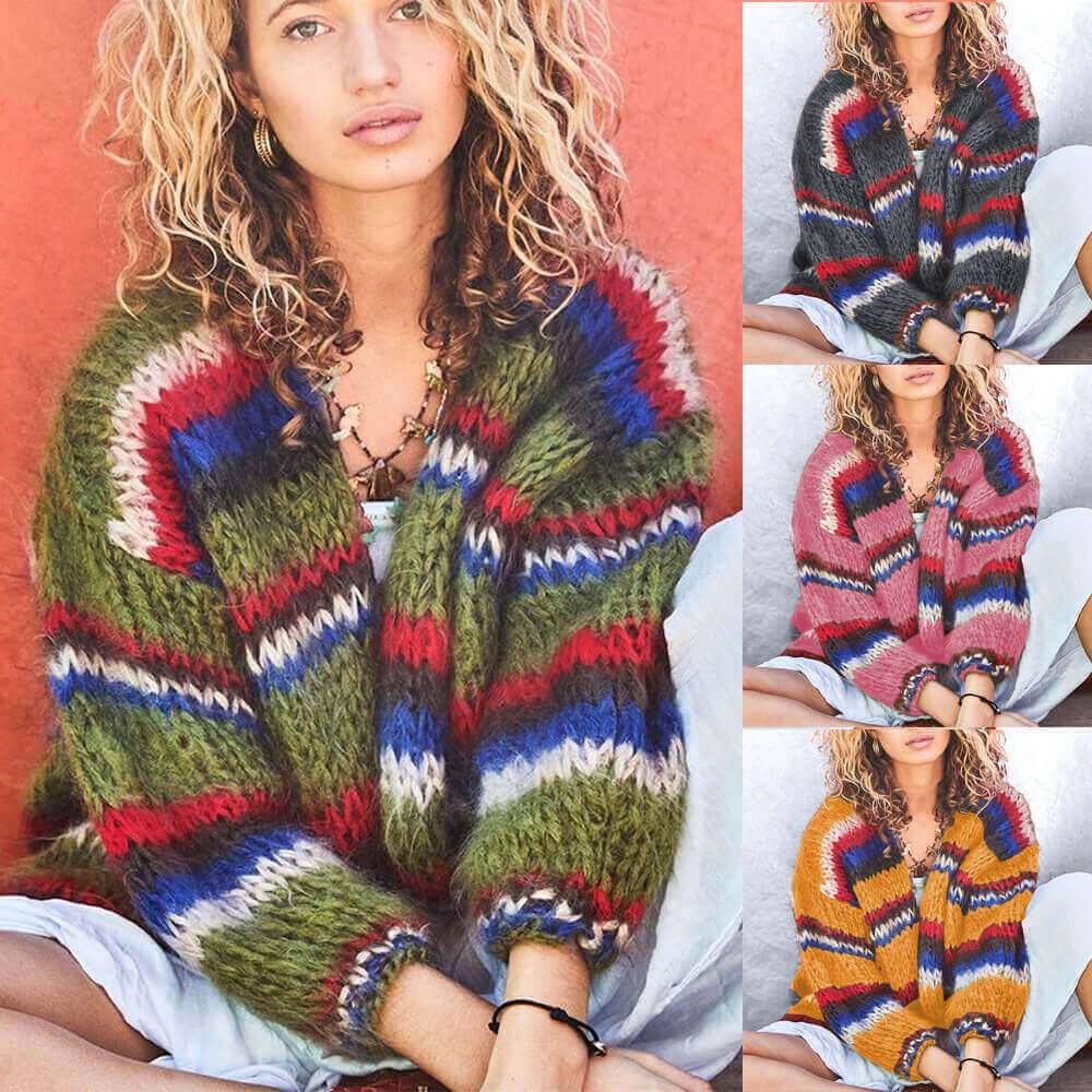 Colorblock Rainbow Striped Knit Cardigan Sweater