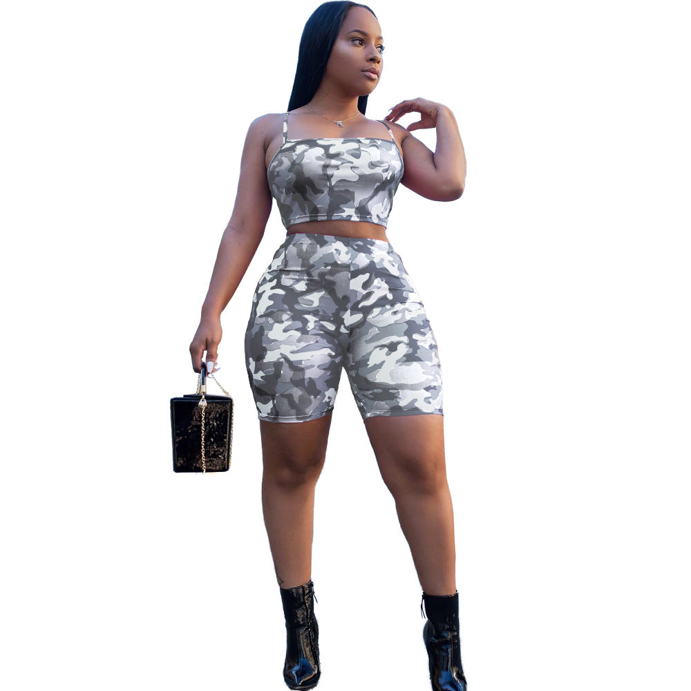 Camouflage Spaghetti Straps Crop Top with High Waist Shorts Women Two Pieces Set