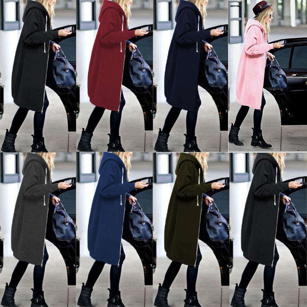 Pure Color Zipper Drawstring Pockets Women Oversized Hooded Coat
