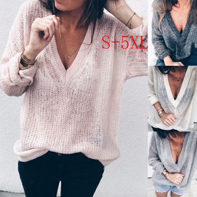 Deep V-neck Loose Thin Long Women Pullover Sweaters