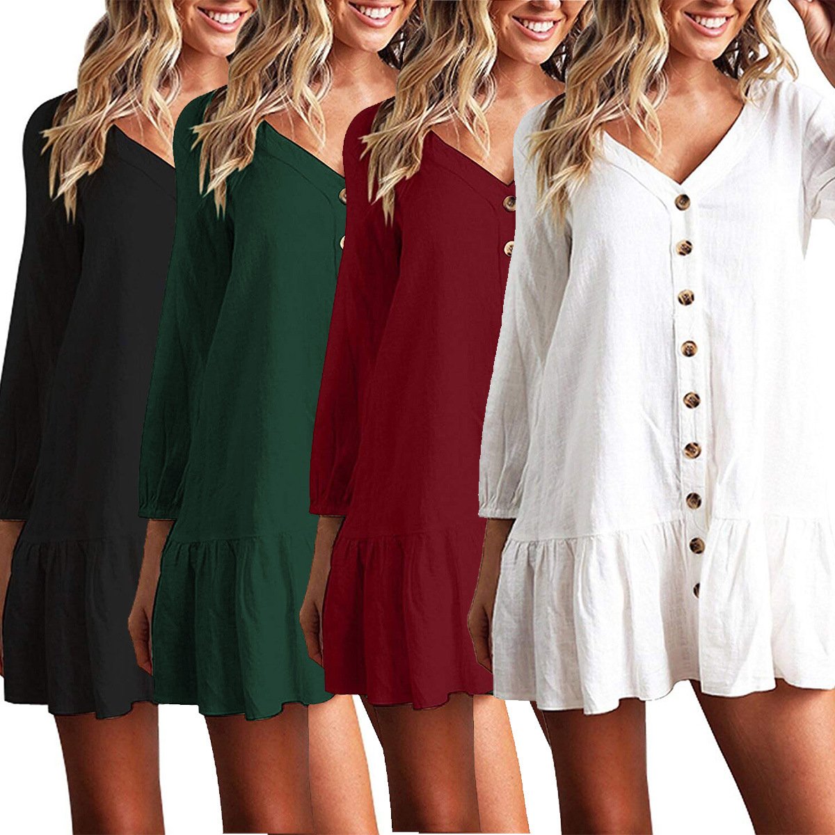 V-neck 9/10 Sleeves Buttons Solid Color Women Short Dress