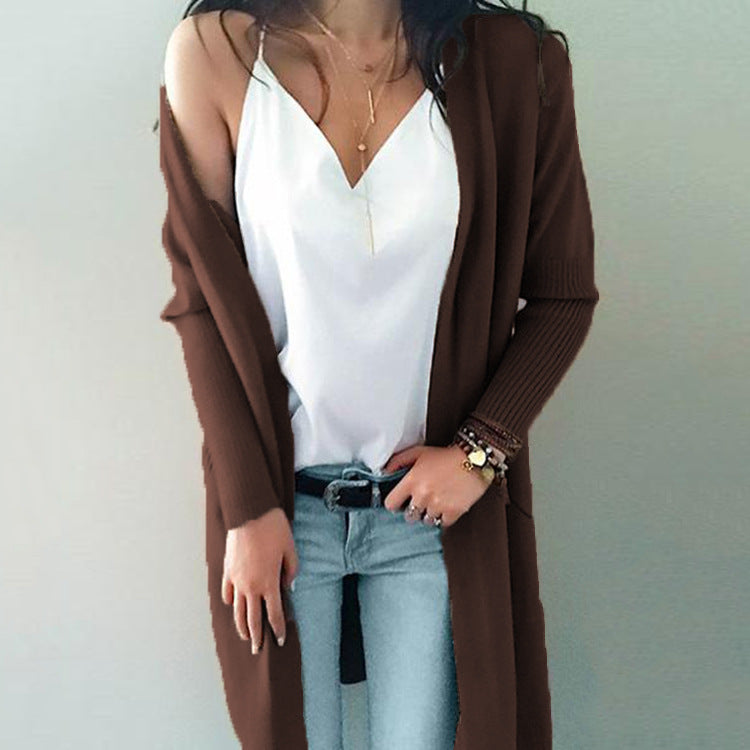 Solid Color Loose Pockets Long Women Cardigan Sweater