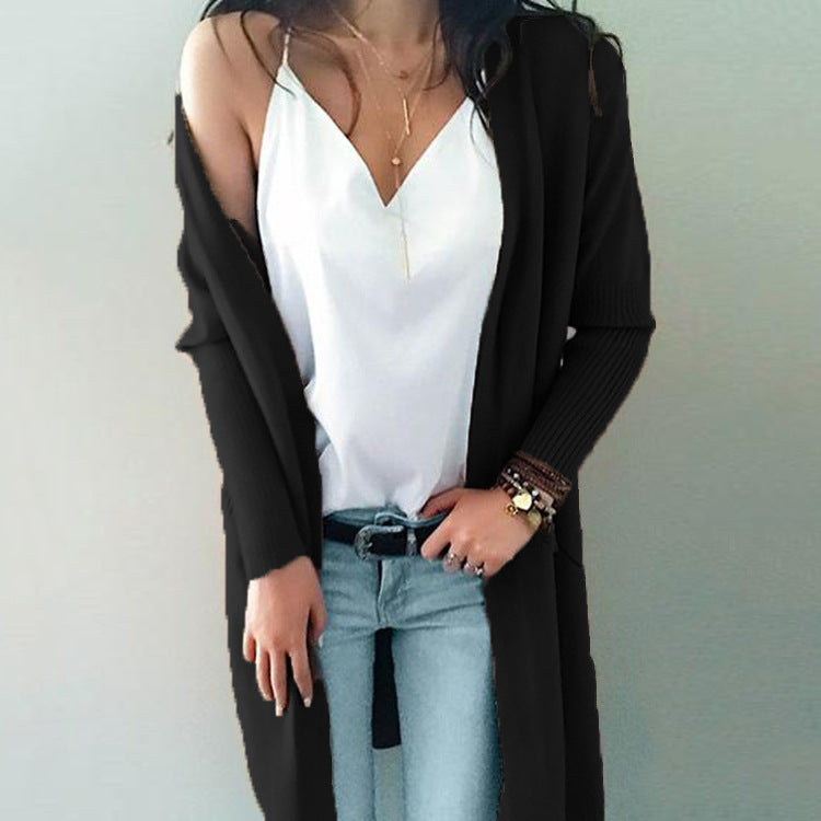 Solid Color Loose Pockets Long Women Cardigan Sweater