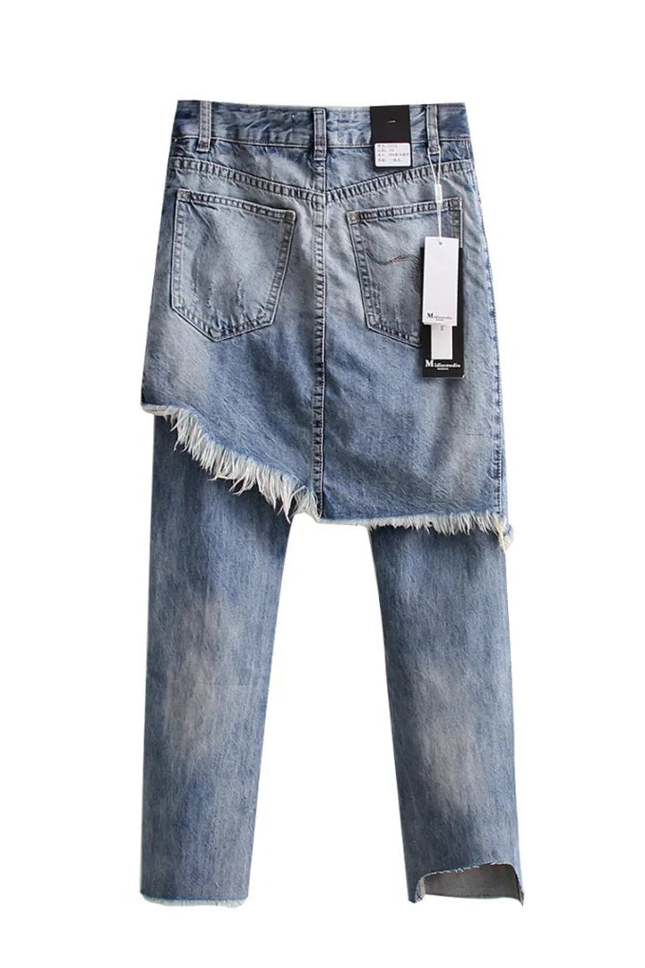 Holes Zipper Slim Long Fake Two Pieces Irregular PantsJeans