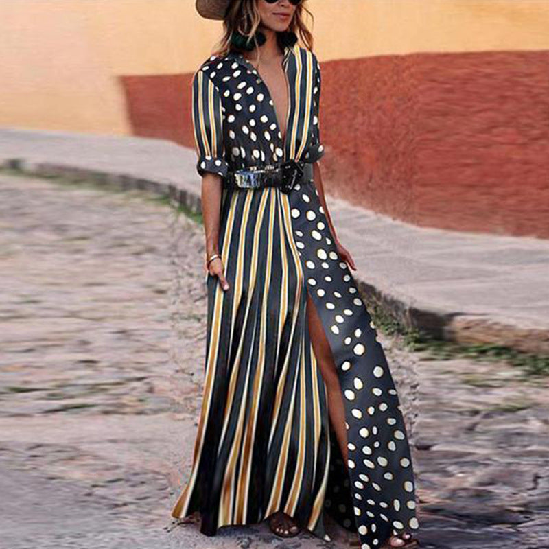 Deep V-neck Polka Dot Stripe Print Half Sleeves Split Women Long Dress