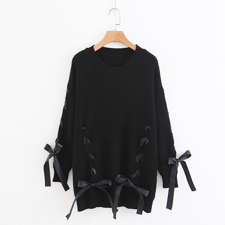 Crew Neck Straps Lace Up Loose Long Sleeves Women Knit Sweater