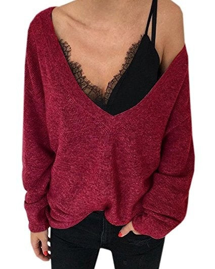 Off the Shoulder V-neck Loose Women Pullover Sweater