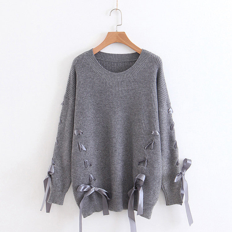 Crew Neck Straps Lace Up Loose Long Sleeves Women Knit Sweater