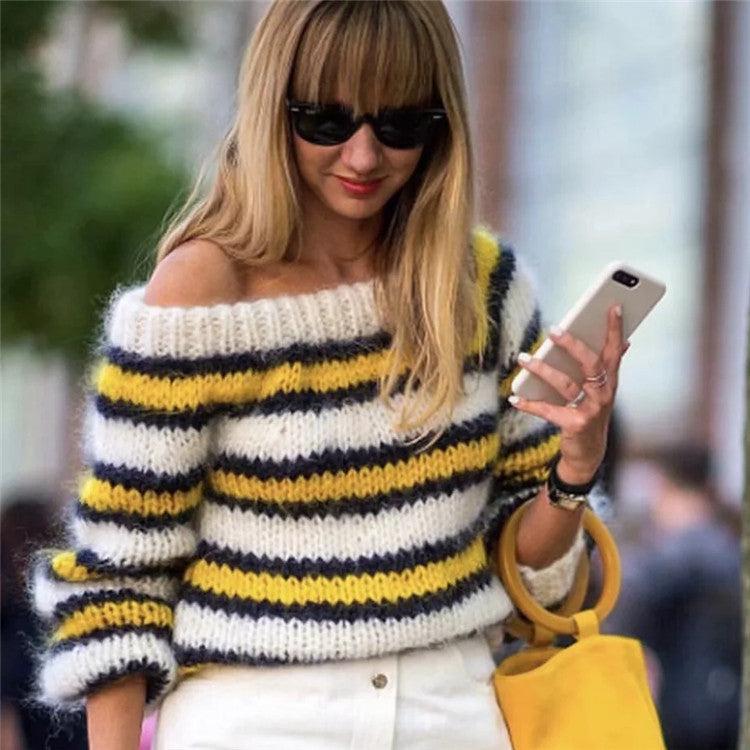 Off the Shoulder Stripe Knit Women Pullover Sweater