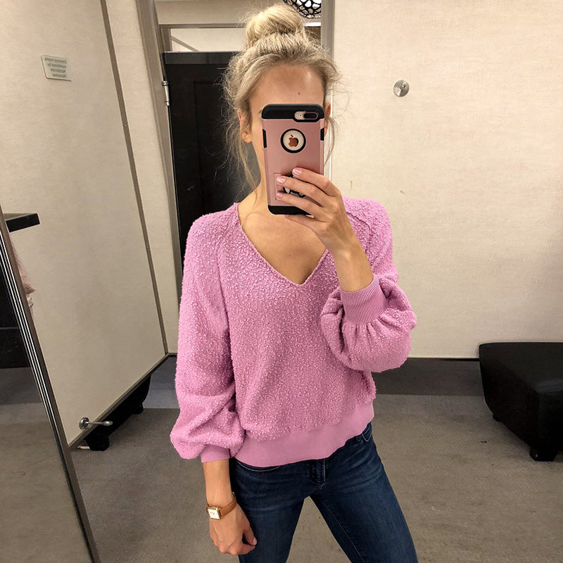 V-neck Bright Color Long Bishop Sleeves Loose Women Pullover Sweater