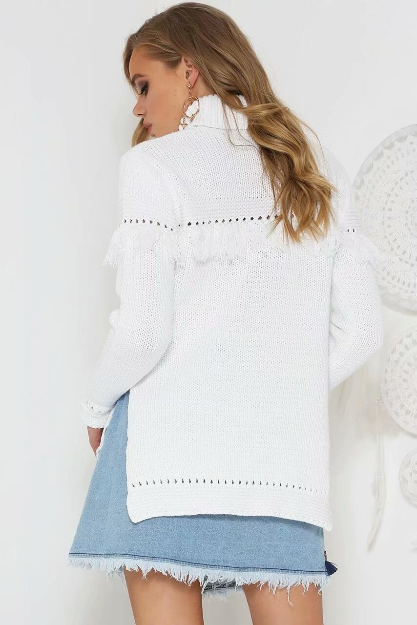Turtleneck Tessles Hollow Out Split Women Pullover White Long Oversized Sweater