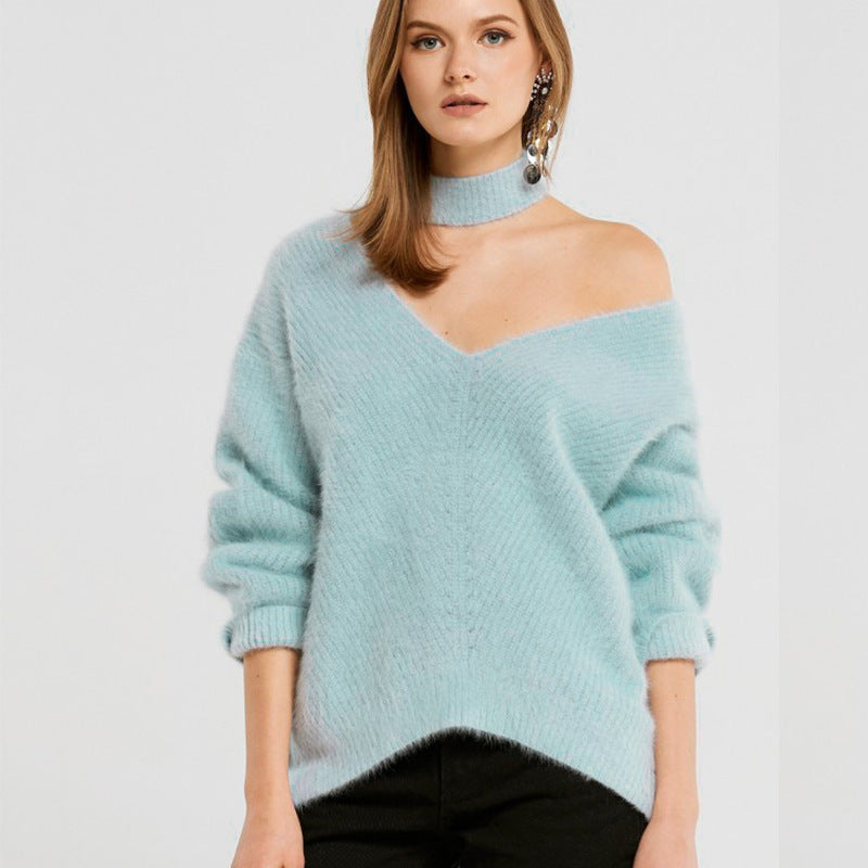 Unique Fashion Style Halter Bear Shoulder Loose Women Sweater