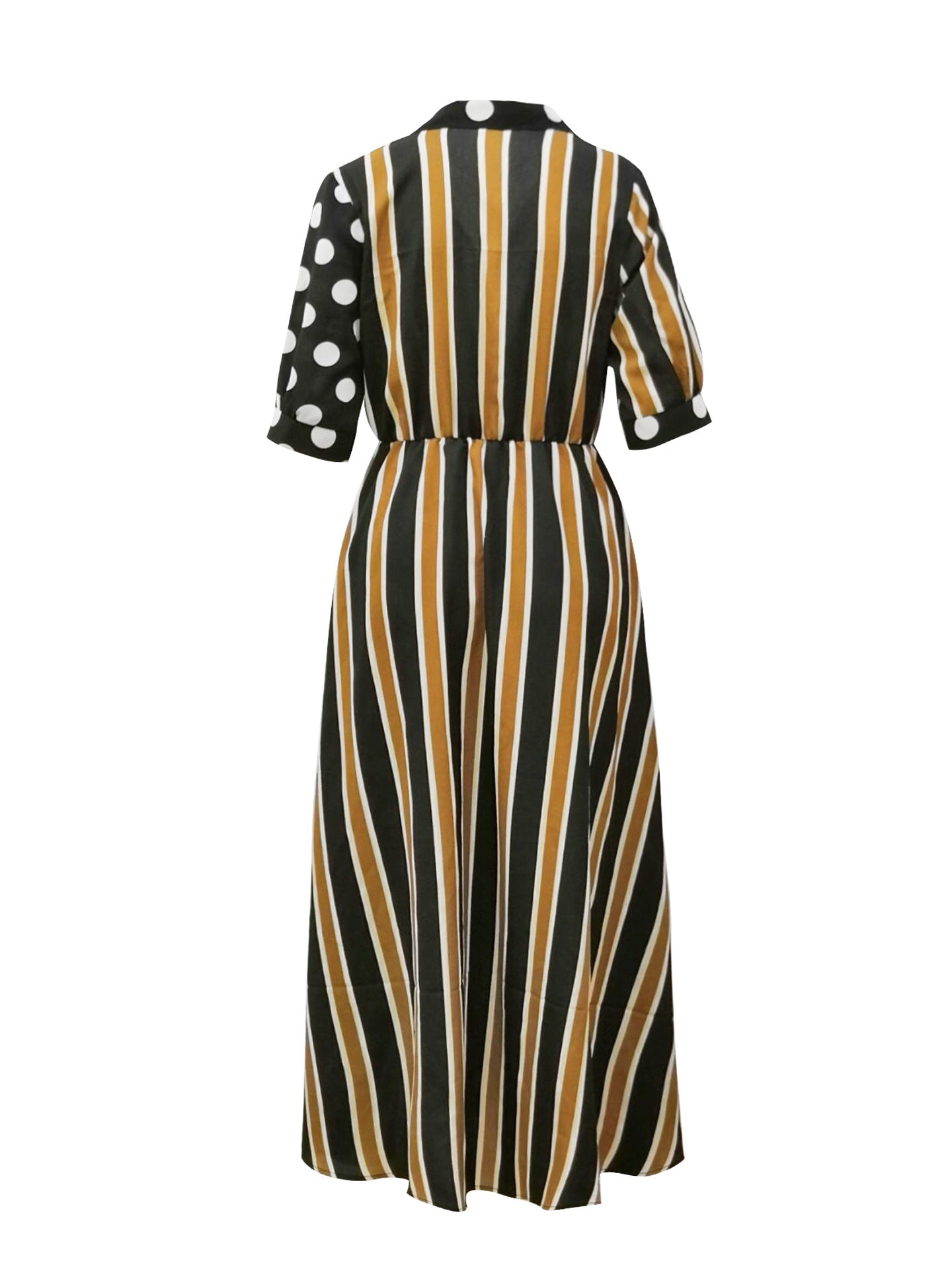 Deep V-neck Polka Dot Stripe Print Half Sleeves Split Women Long Dress