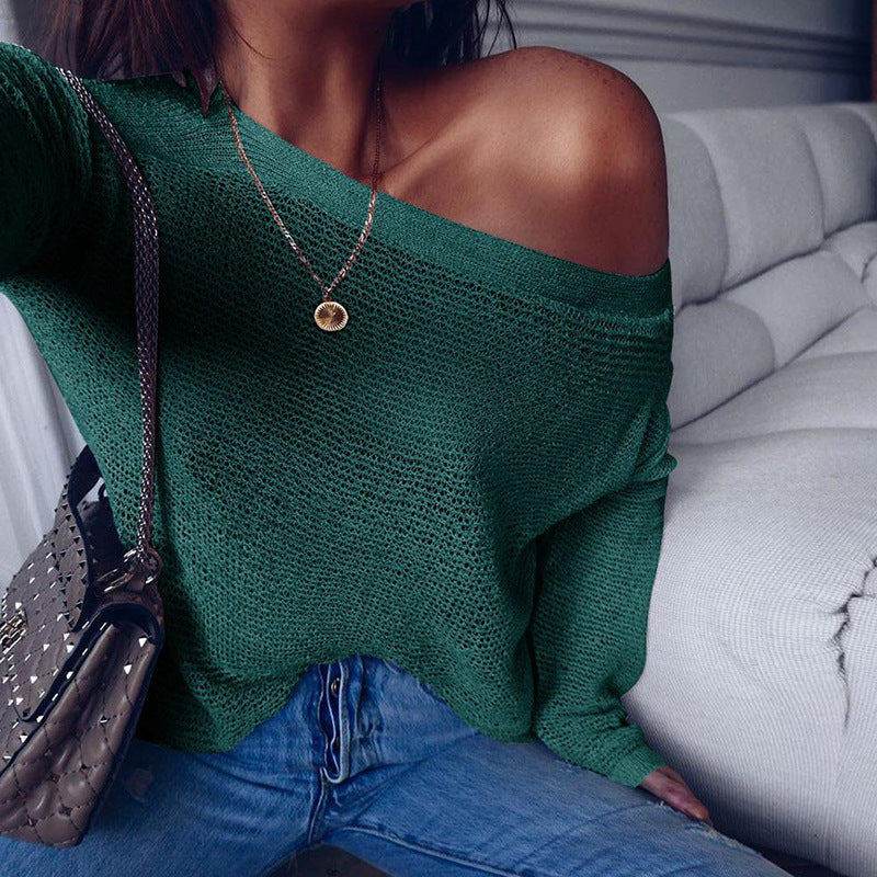 Off the Shoulder Pure Color Loose Women Knit Pullover Sweater