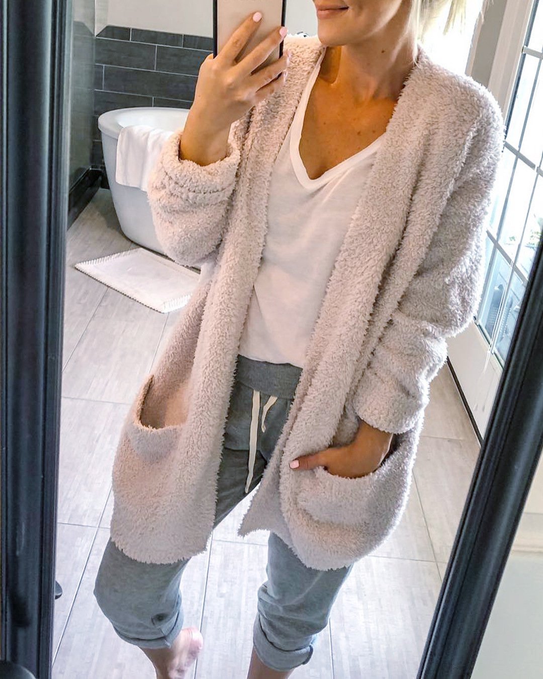 Solid Color Two Pockets Women Loose Oversized Cardigan Coat