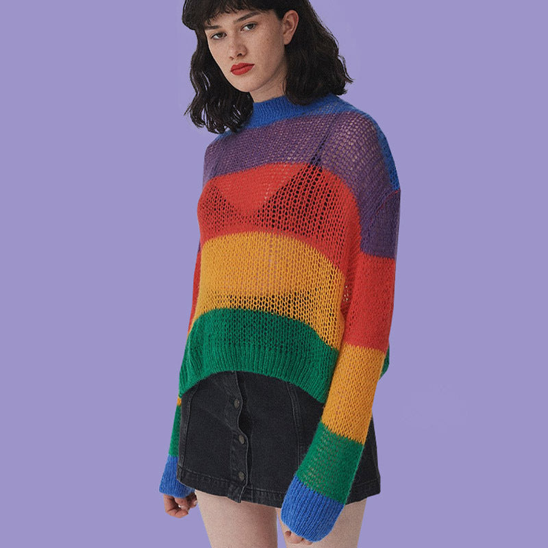 Colorful Rainbow Stripes Patchwork Loose Long Sleeves Women Pullover Sweater