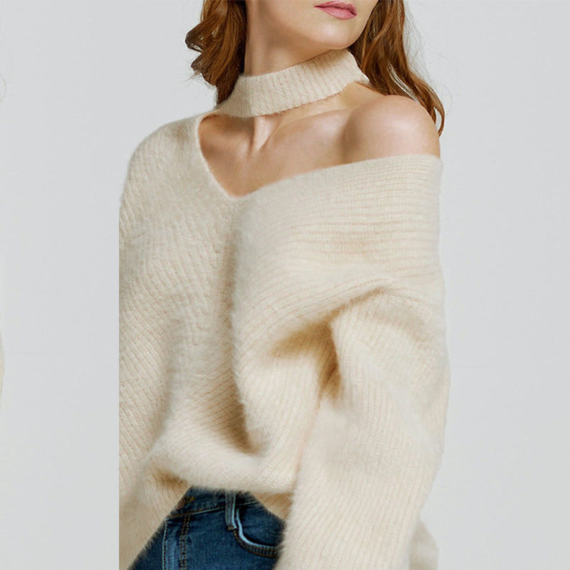 Unique Fashion Style Halter Bear Shoulder Loose Women Sweater