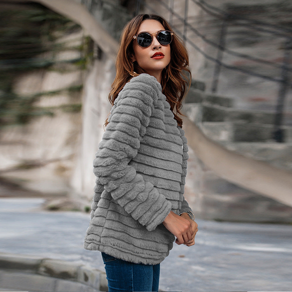 Faux Fur Stripe Solid Color Women Teddy Coat