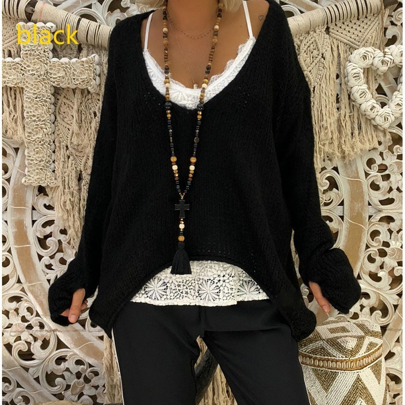 Deep V-neck Irregular Loose Women Pullover Sweater with Gloves
