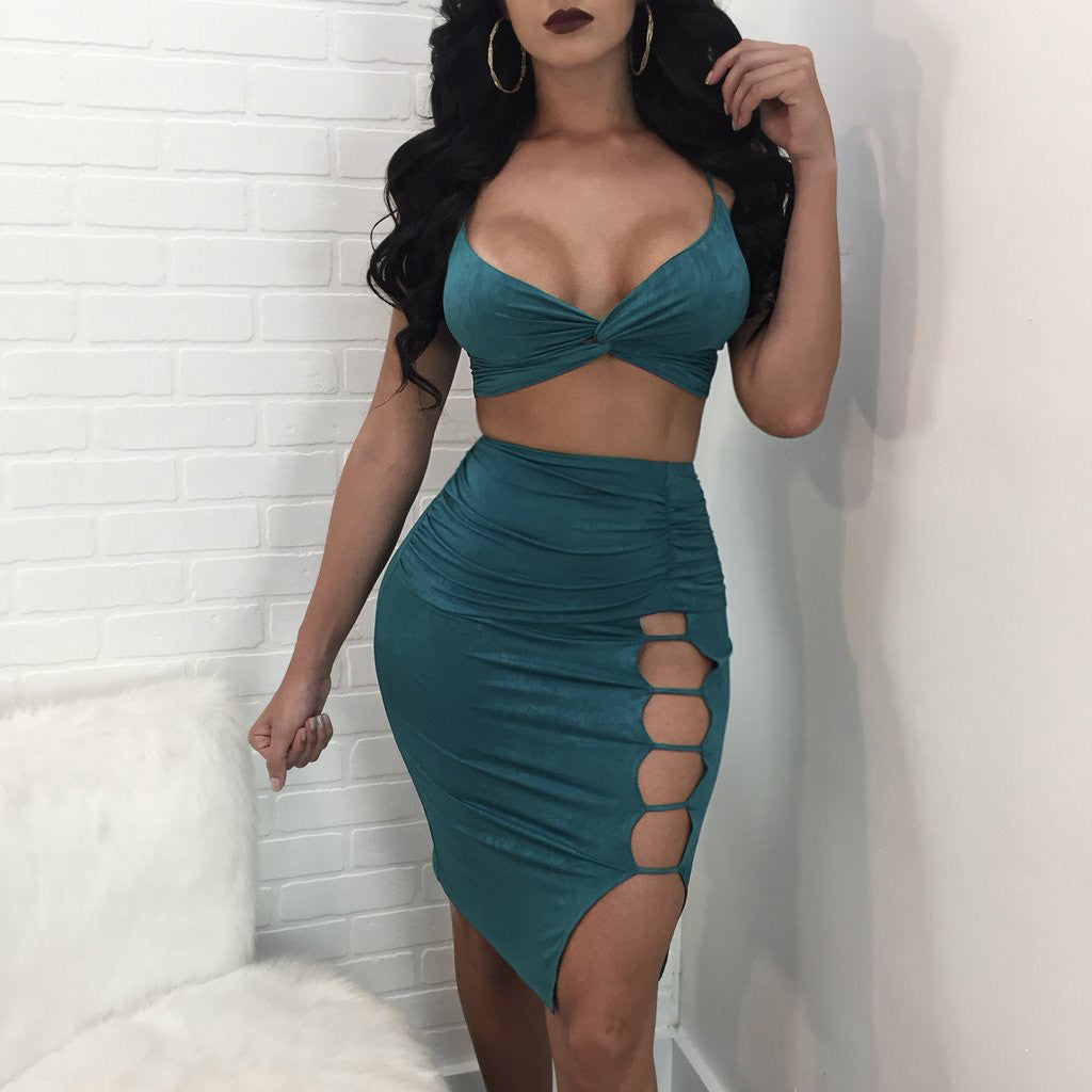 Spaghetti Straps Crop Top High Waist Hollow Out Knee Length Skirt Two Pieces Dress Set