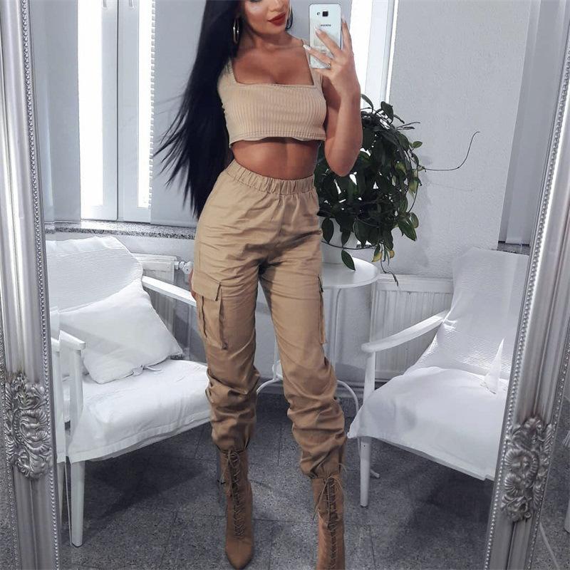 Solid Color High Waist Big Pockets Women Casual Loose Pants
